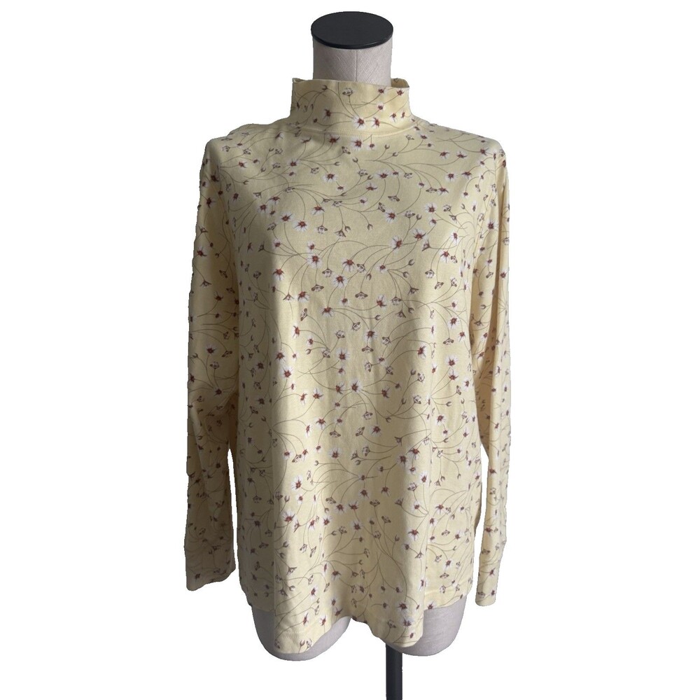 Lands' End Yellow Floral Mock Neck Shirt Relaxed 1X 16W - 18W Top